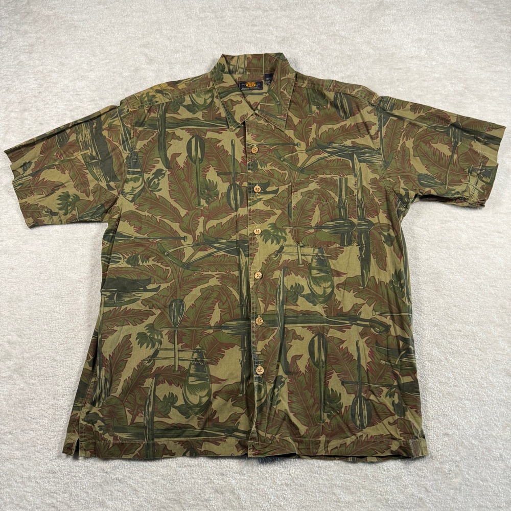 Route 66 Button Down Mens Large Green Tropical Canoe Print Camp Shirt Cotton SS
